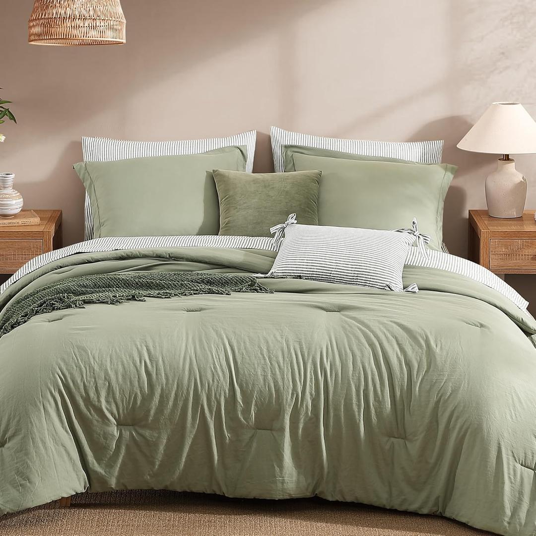 Monbix Queen Comforter Set - 7 Pieces Olive Green Prewashed Bed in a Bag Queen Bedding Sets with Comforters, All Seasons Down Alternative Comforter Bed Set with Sheets, Pillowcases & Shams (7 Piece-Queen (90X90''))