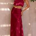 PRETTYGARDEN Women's 2 Piece Satin Outfits Summer Sleeveless Mock Neck Crop Tops and Long Skirt Dress Sets (Deep Red,Small)