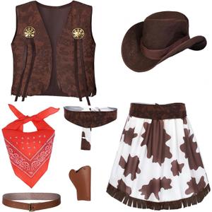 Cowgirl Costume for Girls 6pcs Set Kids Dress Up Birthday Halloween Party Cosplay (8-10 Years)