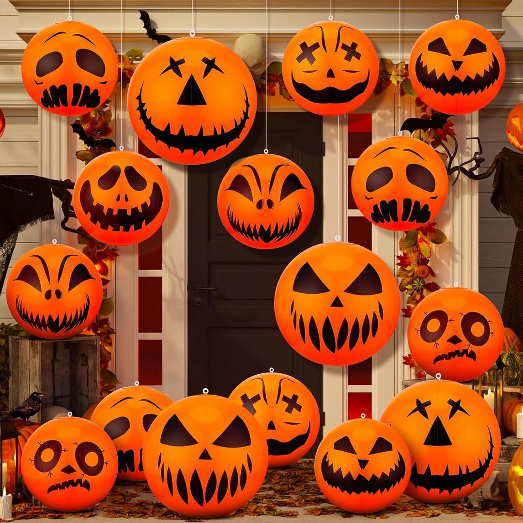 16 Pcs 24'' Halloween Inflatable Pumpkin Ball Ornaments 16'' Large Halloween Hanging Inflatable Pumpkin Decoration Blow up Halloween Balls Jack O Lantern Decor for Holiday Indoor Outdoor Garden Yard