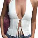 SOLY HUX Women's Halter Tops Sexy Deep V Neck Bow Tie Front Backless Sleeveless Going Out Tank Top (Plain White)