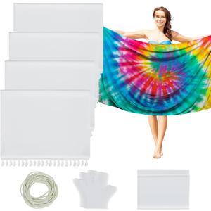 Zoooyawn 4 Pcs Turkish Beach Towels for Tie Dye Kit 71 x 43 Inch Oversized White Beach Towel Bulk Bath Pool Blanket with Disposable Gloves, Rubber Bands, Sealable Bags for Group DIY Project
