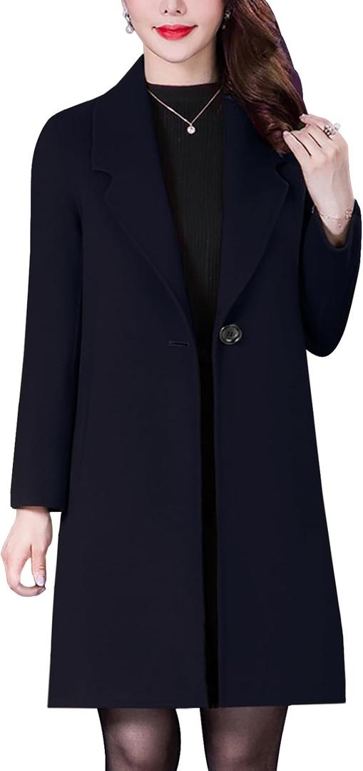 Aprsfn Women's Winter Wool Coats Long Sleeve One Buttoned Pea Coats Notched Lapel Jackets Mid-Length Windproof Overcoat (X-Large, Dark Blue)