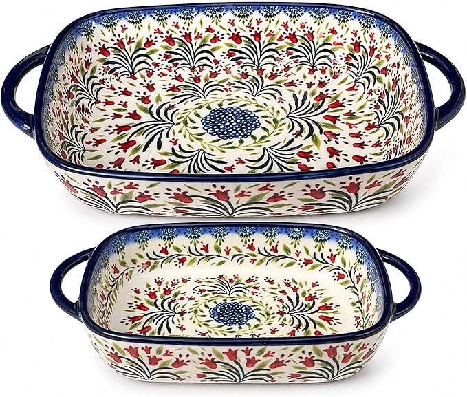Polish Pottery Style Ceramic Baking Dish Set, 2-Piece Large & Small Casserole Bakers for 23 People, Floral Oven-to-Table Bakeware, Microwave & Dishwasher Safe, Gift-Ready with Protective Packaging (Olive Garland)