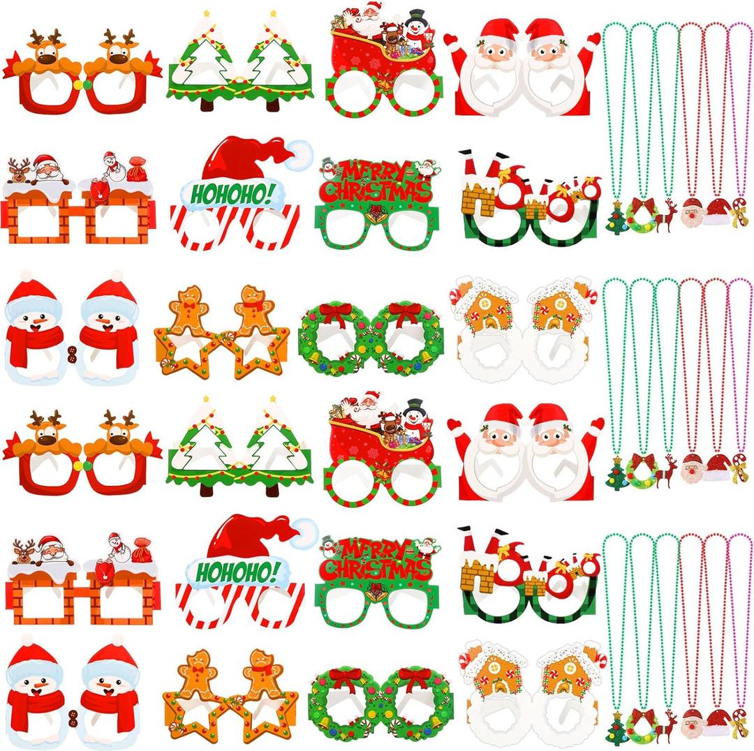 2 x 42 Pcs Christmas Paper Eyeglasses and Tree Bead Necklace Christmas Glasses for Photo Props Holiday Gift