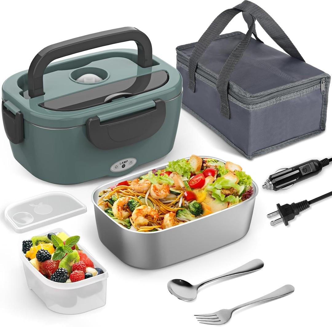 Green Electric Lunch Box Food Heater 80W Heated LunchBox for Adults, 12V 24V 110V 220V Lunch Warmer Portable for Work Car Truck Jobsite Work with 304 Stainless Steel Container Christmas Gift