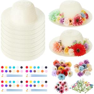Aneco 120 Piece DIY Handmade Straw Hat Set Served for 10 Guests with Creative Craft Art Painting Hats Artificial Flowers Acrylic Paint Brushes for Summer Beach, Tea Party Dress Up