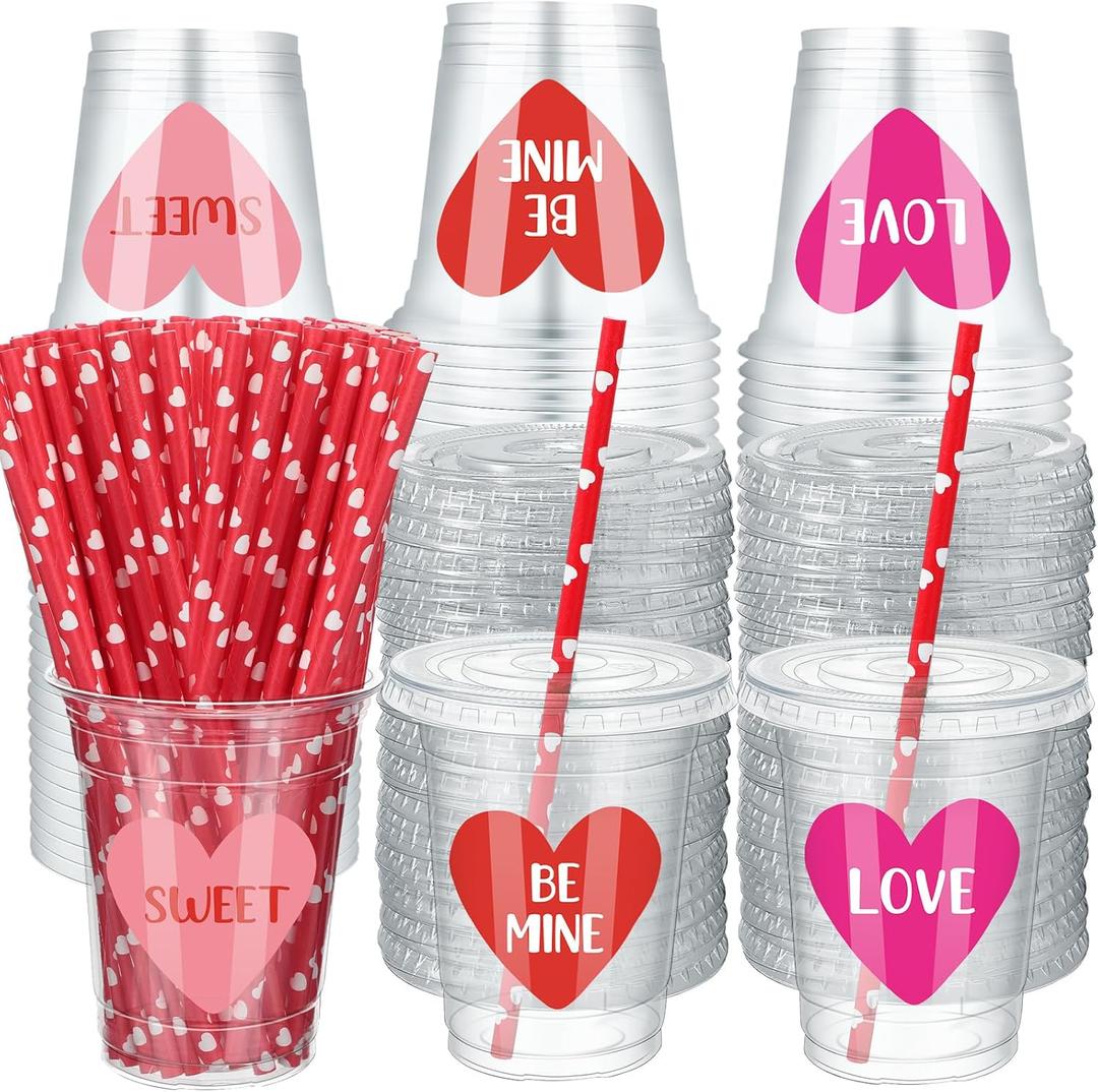 Patelai 90 Set 12 oz Valentine's Day Disposable Cups with Lids and Paper Straws Valentine's Day Plastic Clear Pink Red Heart Be Mine Love Cups for Beverage Snacks Coffee Hot Cold