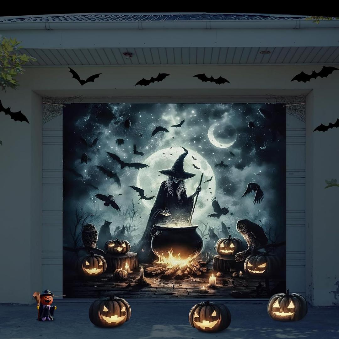 Preboun 7 x 8 ft Halloween Garage Door Cover Decorations Witch Cauldron Banner Hanging Halloween Single Garage Door Banner Horror Night Backdrop Decor for Outdoor Indoor Home Party