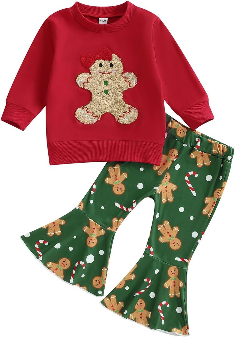 Toddler Baby Girl Christmas Outfit Gingerbread Candy Cane Sweatshirt Bell Bottom Pants Set, 12-18 Months