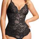 Popilush Shapewear Bodysuit V Neck Tummy Control Backless Lace Tank Tops Sleeveless Thong Bodysuit (M (4-6), Black)
