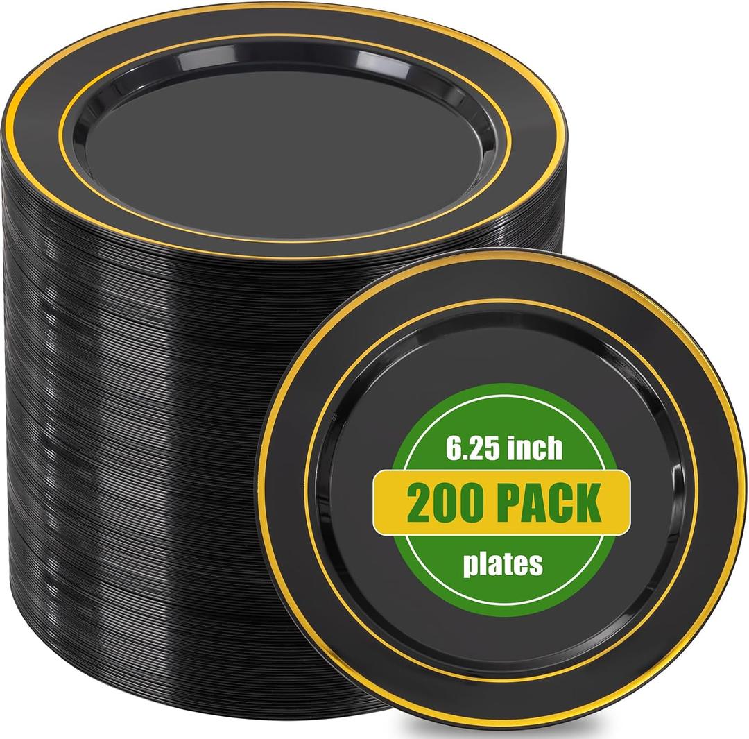 bUCLA 200PCS Black and Gold Plastic Plates - 6.25inch Black with Gold Rim Disposable Dessert/Salad/Appetizer/Small Cake Plates - Ideal for Party & New Year