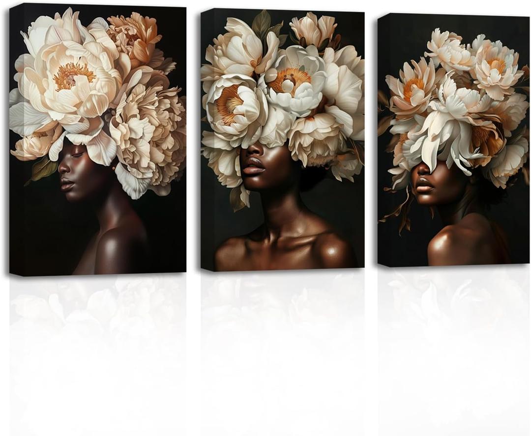 SWQYLB African American Canvas Wall Art 3 Pieces Whiter Flowers on Black Women Head Picture Abstract Black Girl Art Prints for Girl Room Decor Framed (24.00" x 36.00" x 3PCS)