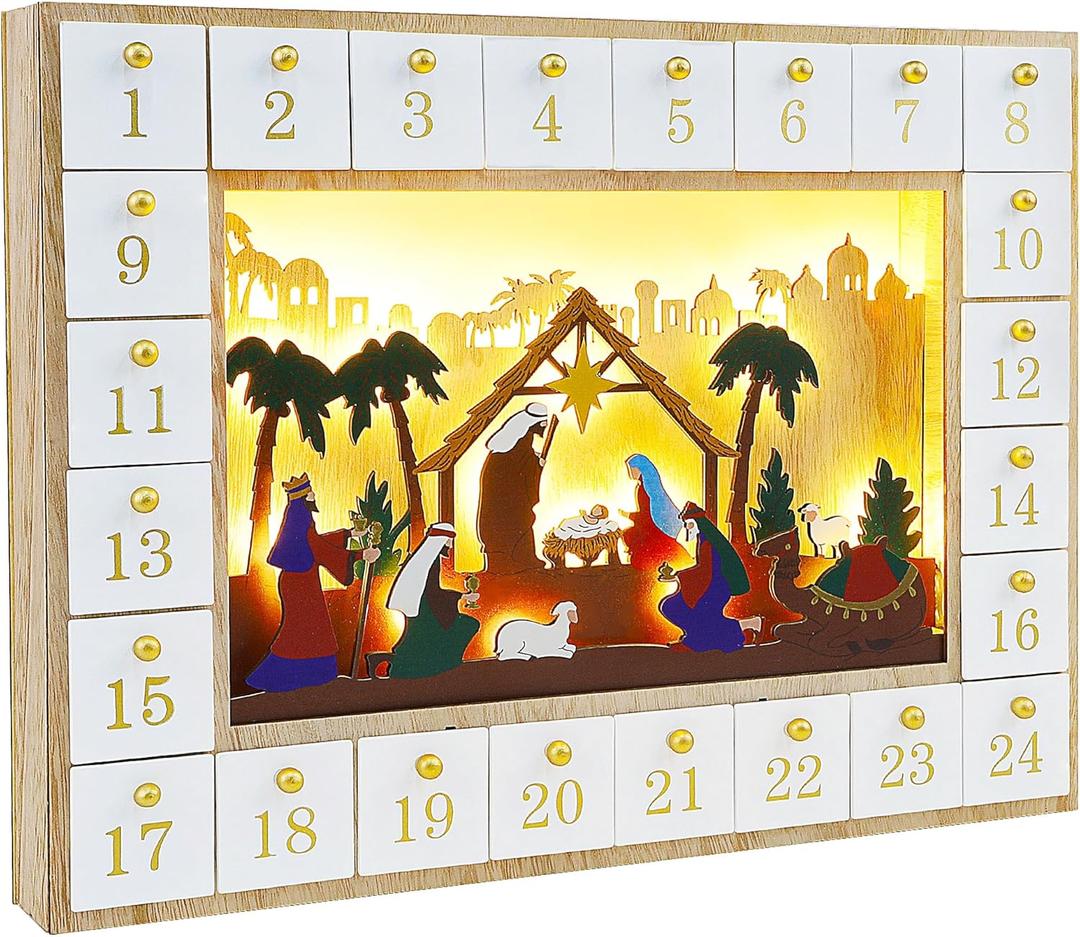 Lulu Home Christmas Advent Calendar, 2024 Light Up Nativity Scene Adventt Box with Drawers, 24 Days Countdown to Christmas Fill Your Own Gift Box Xmas Tabletop Decor