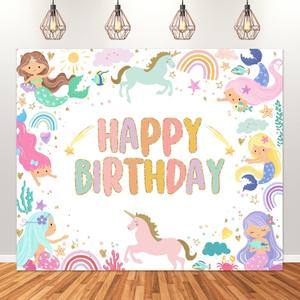 Avezano Mermaid and Unicorn Birthday Backdrop Cartoon Mermaid Birthday Party Decorations Rainbow Unicorn Theme Party Decoration Girls' Happy Birthday Background Banner (6x5ft(72x60in))
