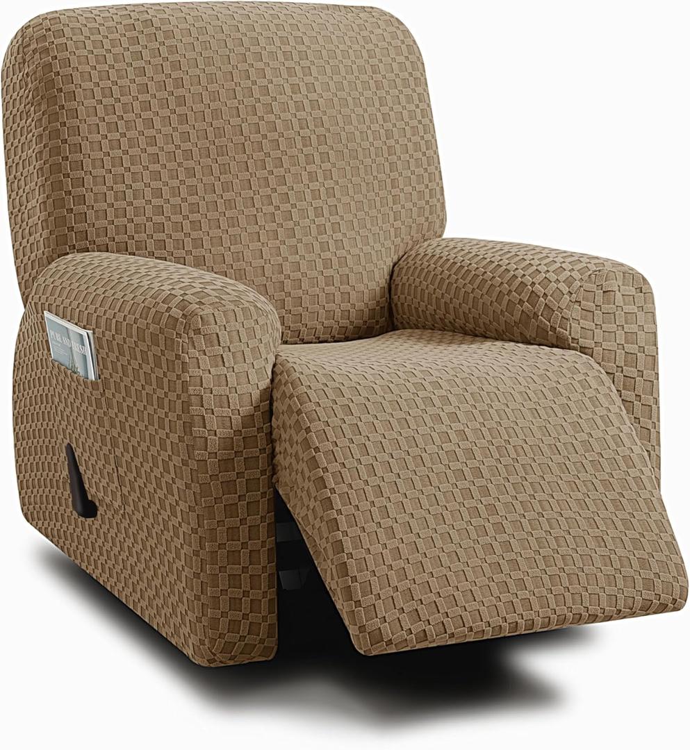 ULTICOR 4-Piece, 1 Seat Recliner Cover, Jacquared Stretch Reclining Chair Covers for 1 Cushion Reclining Sofa, Single Seat Recliner Couch Cover, Soft, Machine Washable (Style 2) (Sand, Recliner Cover)