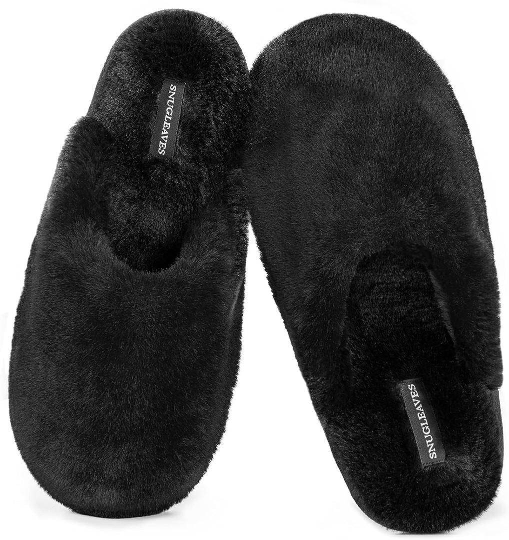 Snug Leaves Women's Fuzzy Scuff Slippers Soft Comfy Memory Foam Non-slip Indoor House Shoes (7-8, Black)