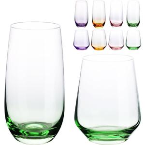 Set of 8 Drinking Glasses, Hand Blown, 4 Highball Glasses 18oz & 4 Stemless Wine Glasses 15oz, Colored Water Glass Cups, for Wedding, Gift