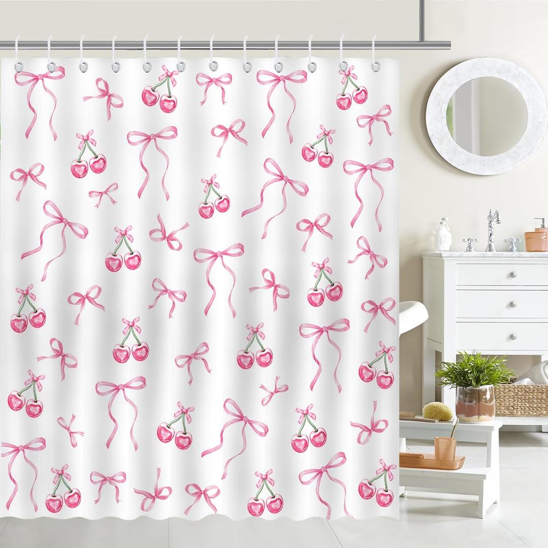 Mocsicka Pink Bow Shower Curtain Pink Cherry Bow Bathroom Shower Curtain Cute Aesthetic Waterproof Fabric Shower Curtains Bathtub Decor with 12 Hooks 72 X 72 Inch