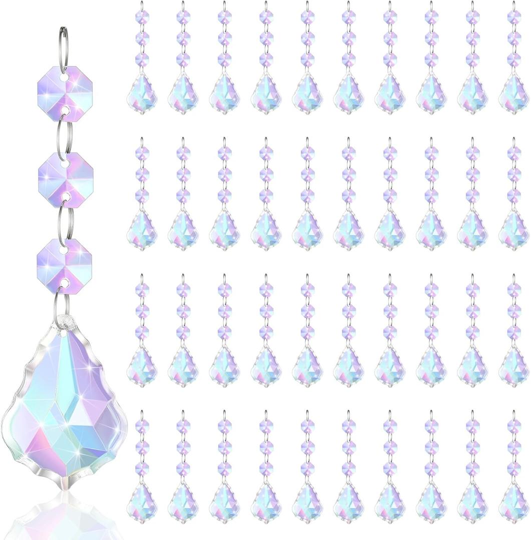 Nuenen 100 Pcs 45mm Waterdrop Chandelier Crystals Colorful Acrylic Chandelier Prisms Pendants Part Connected Glass Octagon Beads Ornaments Hanging Glass Crystals(AB Maple Leaf)