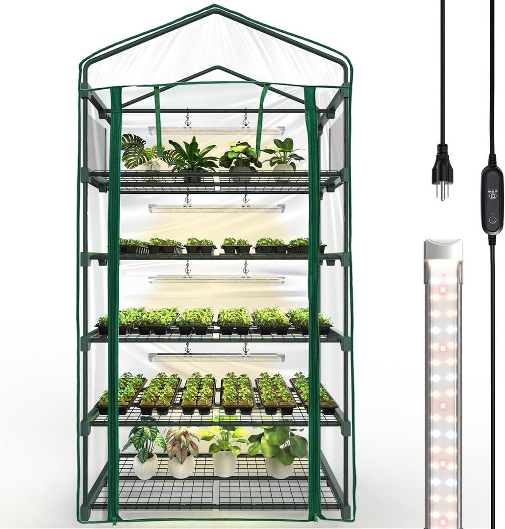 Bstrip Indoor Greenhouse with Grow Light, 5-Tier Large Green House, 5Pcs Grow Lights for Seed Starting with Timer, PVC Tent with Airflow Windows, Indoor Greenhouse Cabinet 40.2x18.9x74.8in