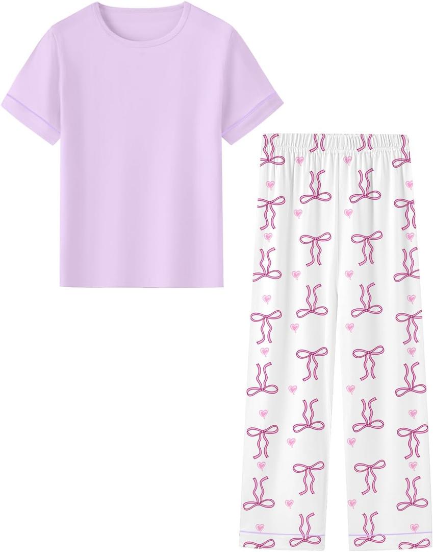 Umeyda Girls Pajamas 2PCS Short Sleeve Top & Pants 100% Cotton Pjs Sets Loungewear for Kids (Purple Bow Ribbon, 9-10 Years)