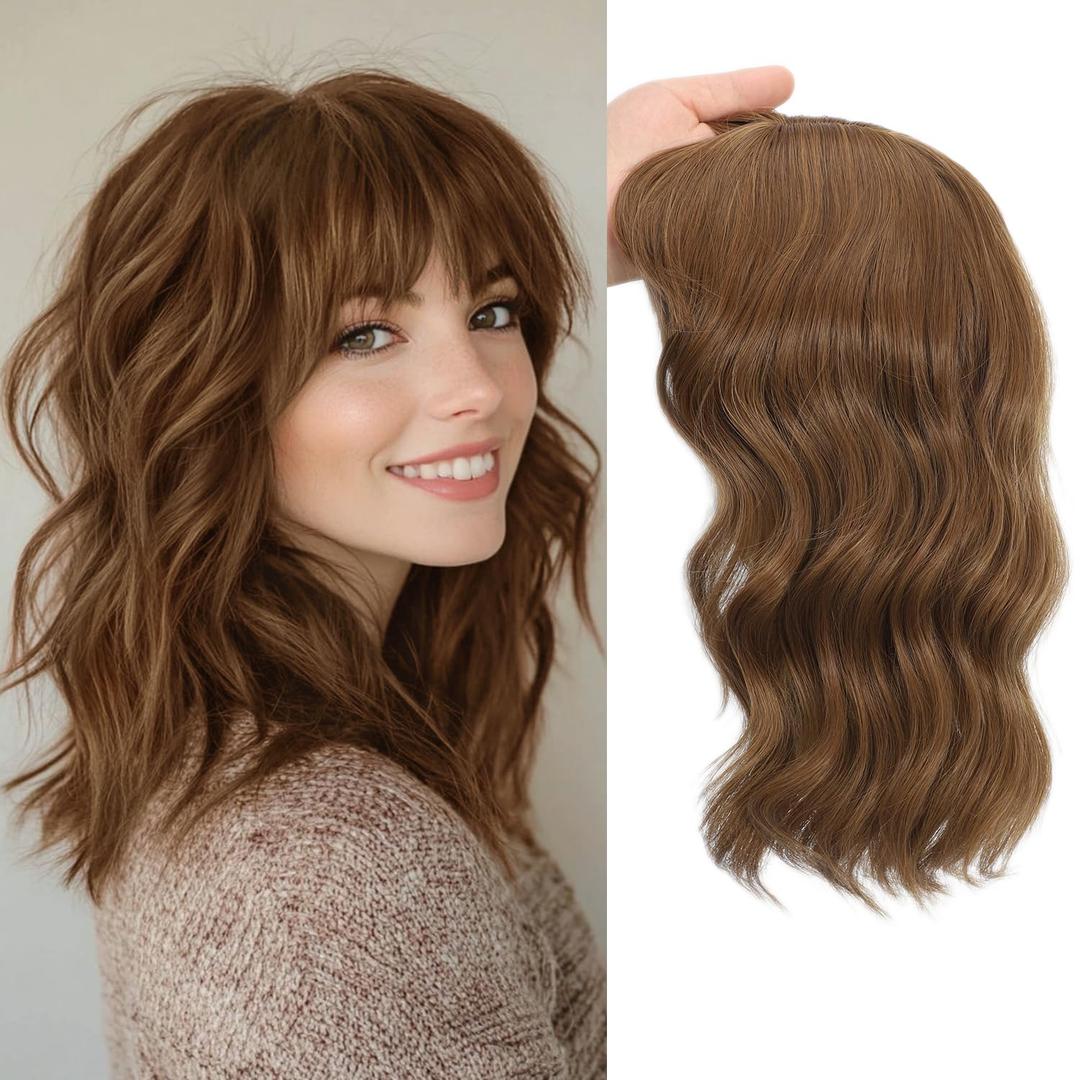 TYQ Hair Toppers for Women with Thinning Hair 14 Inch, 360° 3D Synthetic Curly Wavy Wispy Clip in Bangs(Coffee Brown)
