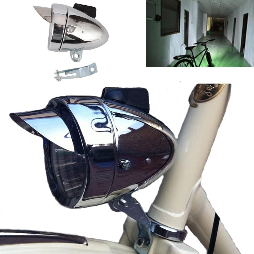Metal Chrome Silver Shell Bright Classical Cool Bicycle Headlight Retro Vintage Bike LED Light Night Riding Safety Front Fog Head Lamp Headlamp