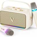 Karaoke Machine with 2 Wireless Mics & Soft Leather Wrap |mini Portable Bluetooth Speaker with 5 Voice Changer Modes for Home Party, AUX/USB/TF Support, for Kids and Adults