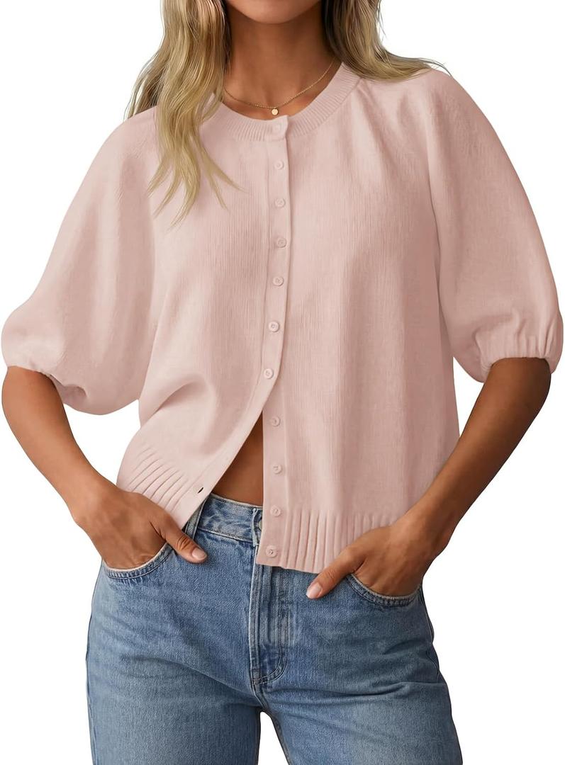 Saodimallsu Womens Puff Half Sleeve Cardigan Lightweight Knit 2026 Spring Summer Crew Neck Button Down Sweater Tops (Pink, Large)