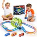 Glow Slot Car Race Track Set, 71 Pcs Glow-in-The-Dark Track Toy for Kids Ages 3-8, Electric Speed Car Light-Up Whole Tracks, 360 Magic Triple Loops, 1:64 Scale Pull-Back Cars, Toy Gift for Boys Girls