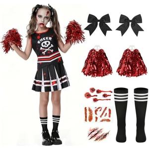 CIRCKOPS Halloween Cheerleader Costume for Girls, Zombie Cheer Uniform Outfit, Scary Cheerleading Costume for Party Dress Up (9-10Y Black)