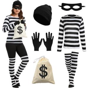 Women's Robber Costume, Thief Cosplay T Shirt, Burglar Costume Set | Striped shirt, beanie hat, socks, eye mask, gloves, Drawstring canvas purse for Halloween Cosplay Party L