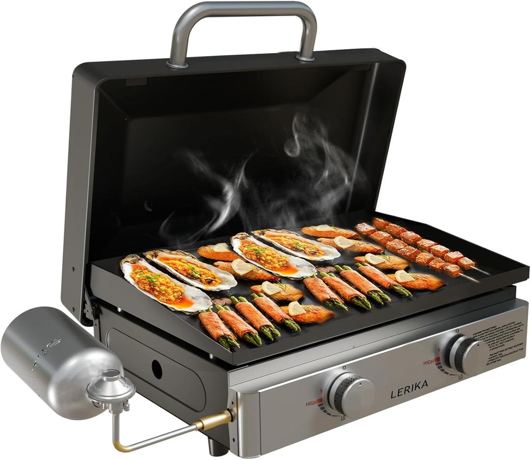 LERIKA 23" Tabletop Propane Gas Grilddle With Lid for Outdoor Kitchen Barbecue Grill, Non Stick Enamel/Durable Stainless Steel/1 Burner Portable Flat Top Grills