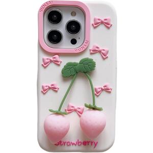 3D Bowknot Case,Cartoon Cute Kawaii Lovely Character Bowknot with Strawberry Pendant Girls Women Soft Silicone Case for iPhone 13/iPhone 14/iPhone 15 6.1 inch
