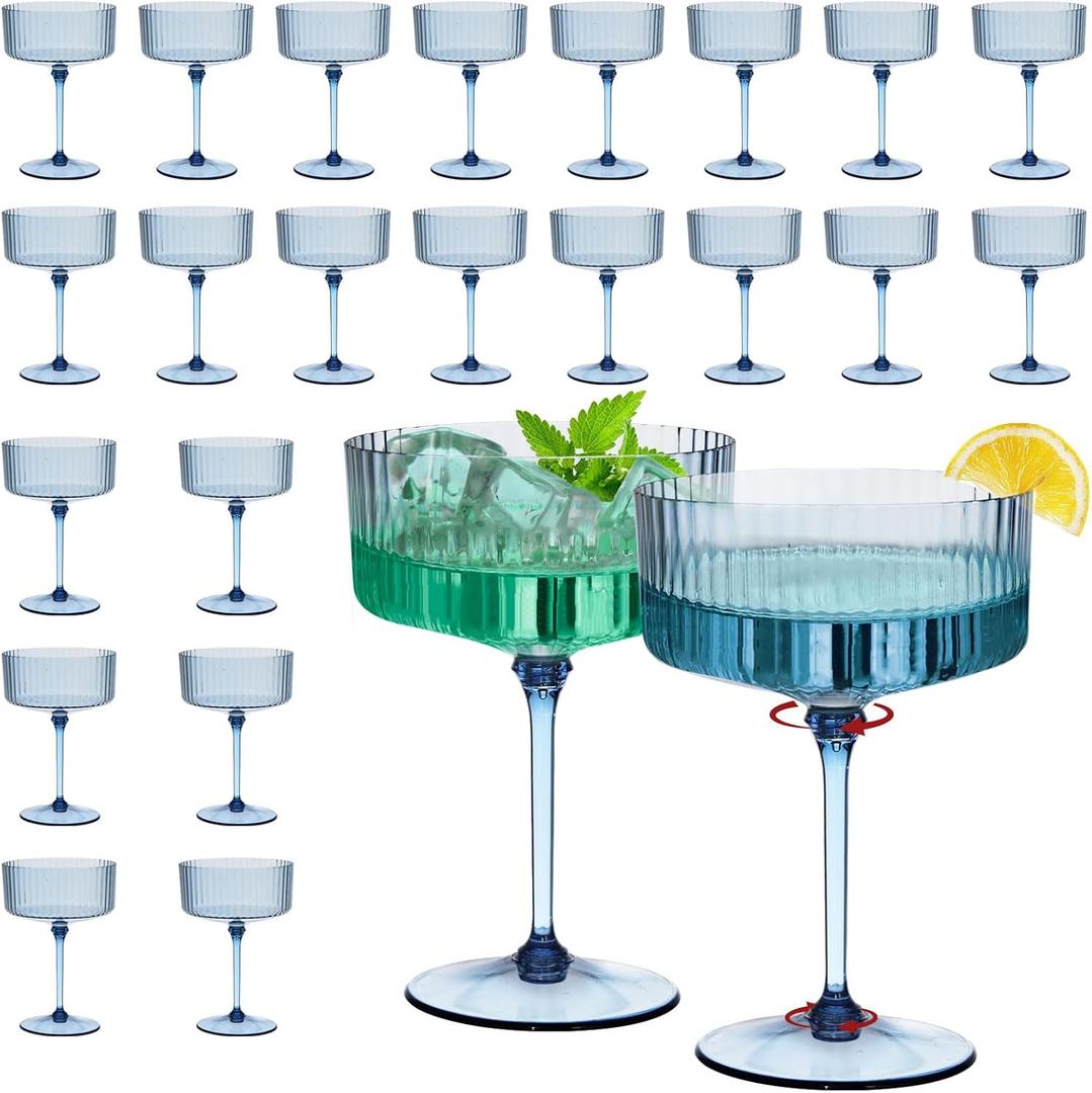 CALBODE 24Pcs Plastic Martini Glasses with Detachable Stems, 10oz Plasitc Ribbed Coupe Glasses Blue Vintage Cocktail Glassware Set Toasting Glasses for Party Wedding Anniversary