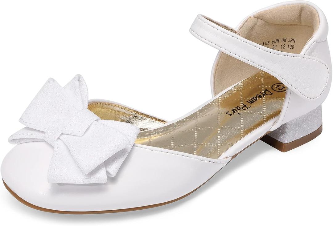 DREAM PAIRS Girls Dress Shoes Closed Toe Low Heels Ankle Strap Bow Ballet Wedding Party Sandals Princess Flower Shoes for Little Kid (White, Size 2)