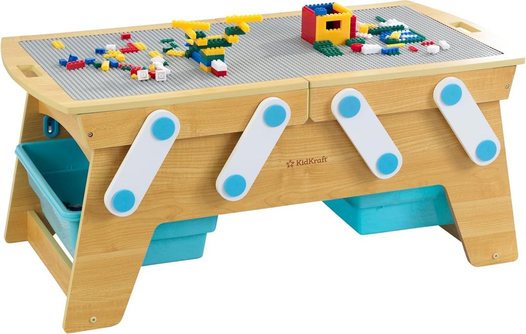 KidKraft Building Bricks Play N Store Wooden Table, Children's Toy Storage with Bins, 200+ Building Blocks Included, Natural, Gift for Ages 3+