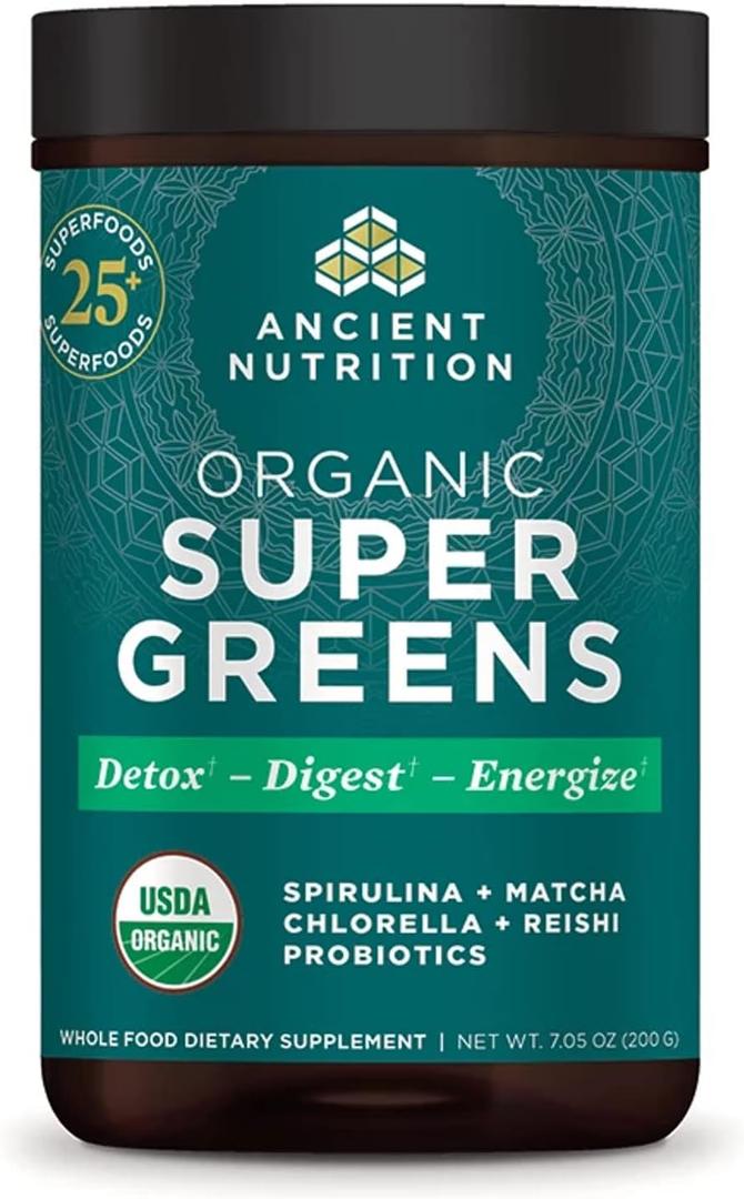 Ancient Nutrition Super Greens Powder, Organic Superfood Powder with Probiotics Made with Spirulina, Chlorella, Matcha, and Digestive Enzymes, 25 Servings, 7.05oz, BB Date: 08/13/26