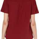 Women's V-Neck Ruffle Design Polo Shirts Short Sleeve Collared Loose Casual Tunic Blouses with Pocket (Red, M)
