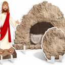 BreezeHug Easter Empty Tomb Display Life Size Include Rock Roll Away Cardboard Cutout Standup and Jesus Stand Up Religious Backdrop Photo Props for Church Sunday School Vbs He is Risen Party Decor