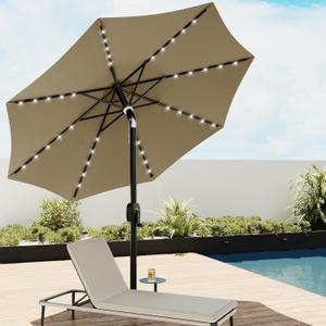 EAST OAK Patio Umbrella, 9 ft Outdoor Table Umbrella with 40 LED Solar Lights and 8 Ribs, 1.9inch Aluminum Pole, UPF 50+ Fade Resistant and Push Button Tilt for Deck and Poolside, Tan