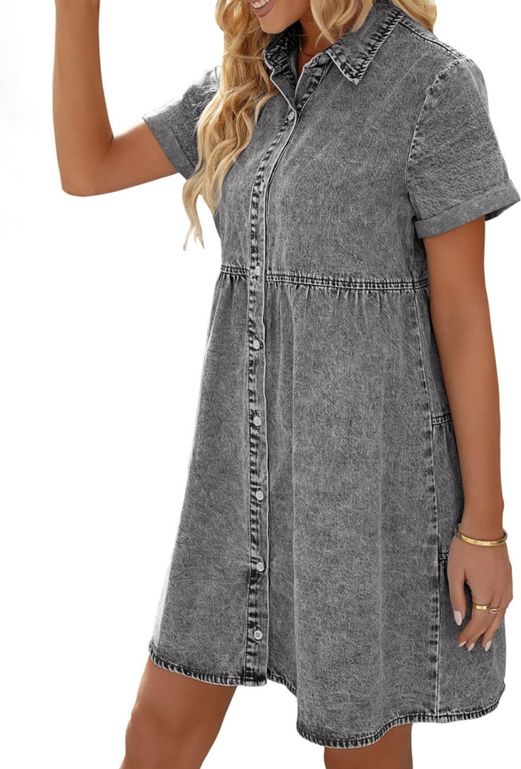 Wankang Denim Dress for Women Babydoll Tiered Short Sleeve Button Down Jean Shirt Dresses Casual Flowy Swing Short Dress 2XL