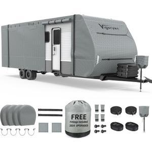 Upgraded RV Cover, Extra Thick Travel Trailer Cover, Durable Camper Cover Fits 27'-30' Motorhome for Winter Snow, Anti-UV, Waterproof, Rip-Stop, Windproof with Jack Cover & Tire Covers