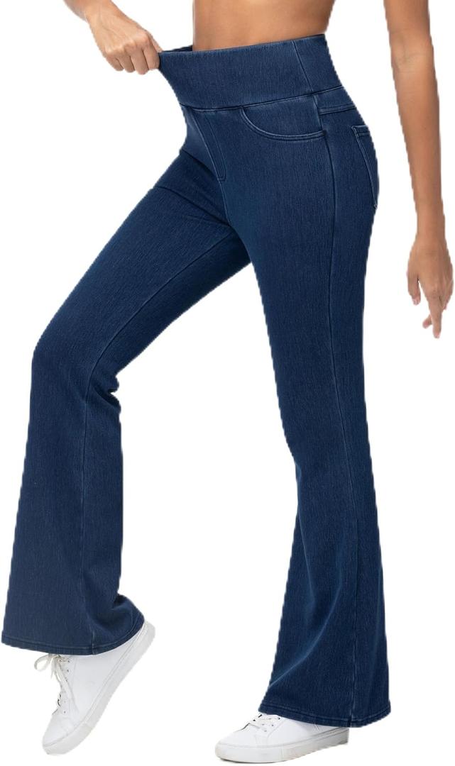 THE GYM PEOPLE Women's Tummy Control Bell Bottom Jeans High Waisted Wide Leg Flare Pants Jeggings with Pockets (Fleece Lined Dark Blue) 31", S
