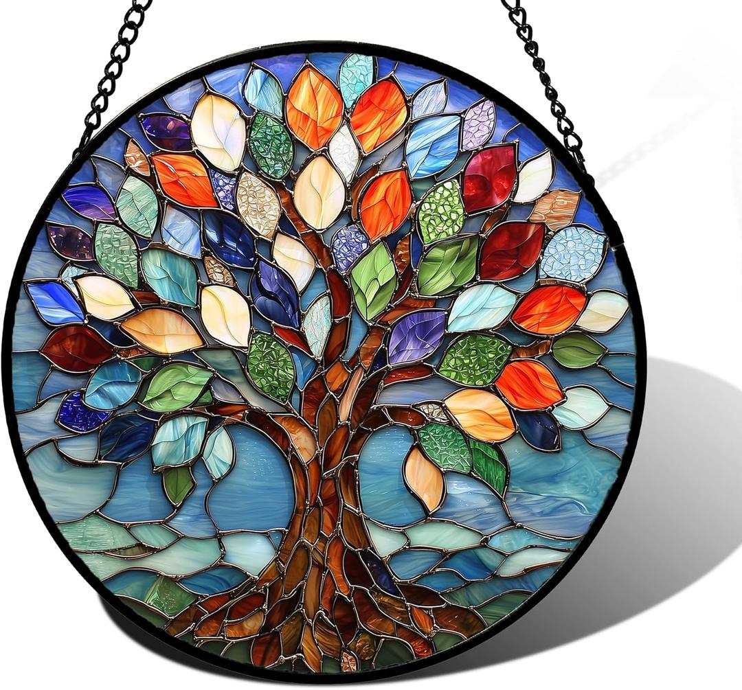 DASTOLL Stained Glass Window Hanging, Colorful Tree of Life Sun Catchers Glass Panel Blue Suncatcher Decor for Birthday for Women, Men, Wife, Aunt, and Mom 6.3 in