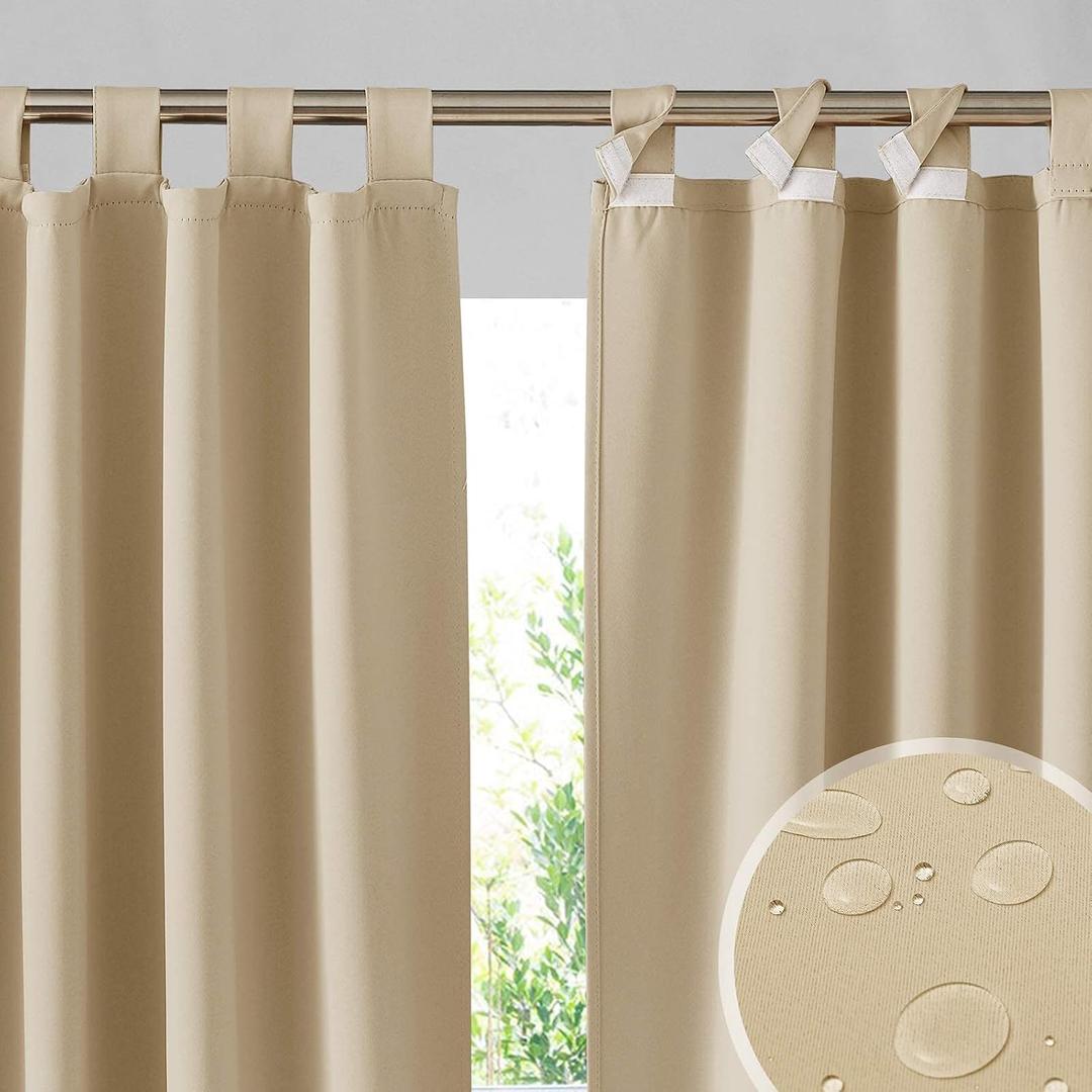 RYB HOME 2 Panels Outdoor Curtains for Patio Waterproof Sticky Top Block Sunlight Thermal Insulated Privacy Assured Thick Outside Curtains for Porch, Balcony, Pergola, W52 x L84, Beige