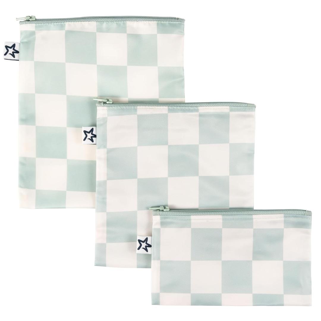 Tiny Twinkle Reusable Snack Bags for Kids 3 Pack Snack Pouches & Sandwich Bag for Toddlers Machine Washable, Mess-Proof for Lunch & Travel (Sage Checkers)
