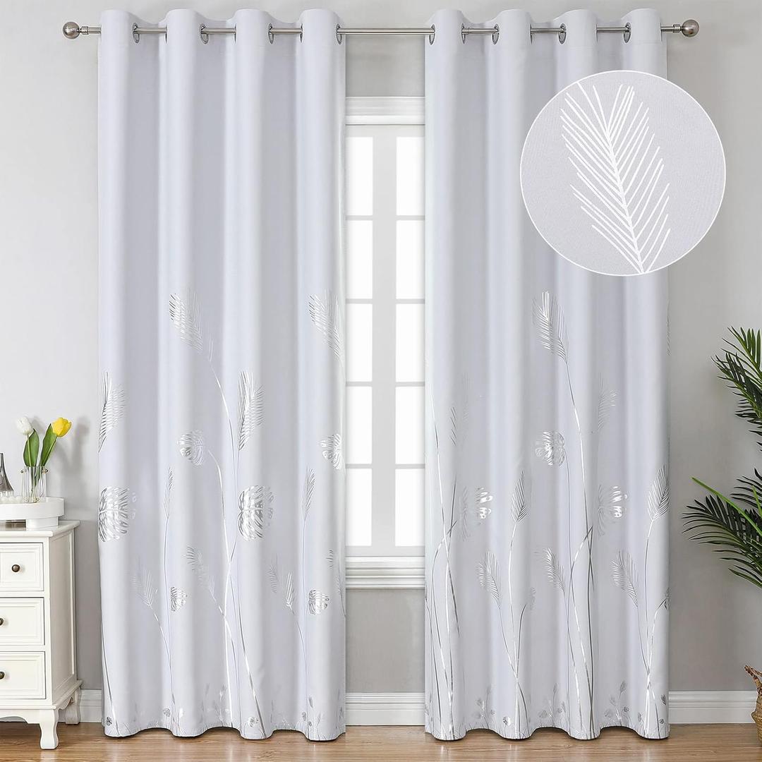Estelar Textiler Greyish White Room Darkening Curtains 84 Inches Long Silver Palm Tree Pattern Light Filtering Window Curtain Drapes for Bedroom and Living Room, 52Wx84L, 2 Drapes
