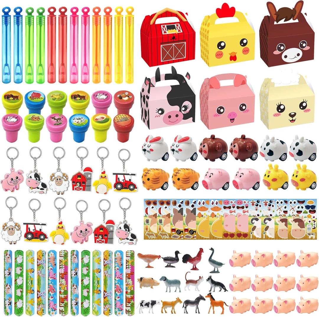 Farm Animals Party Favors Supplies 108 Pcs Birthday Party Decorations Goodie Boxes Bubble Wands Stampers Rubber Pigs Figures Keychains Pull Back Cars Slap Bracelets Stickers Toys For Kids Boys Girls Farm Animals Party Favors Supplies 108 Pcs Birthday Party Decorations Goodie Boxes Bubble Wands Stampers Rubber Pigs Figures Keychains Pull Back Cars Slap Bracelets Stickers Toys For Kids Boys Girls